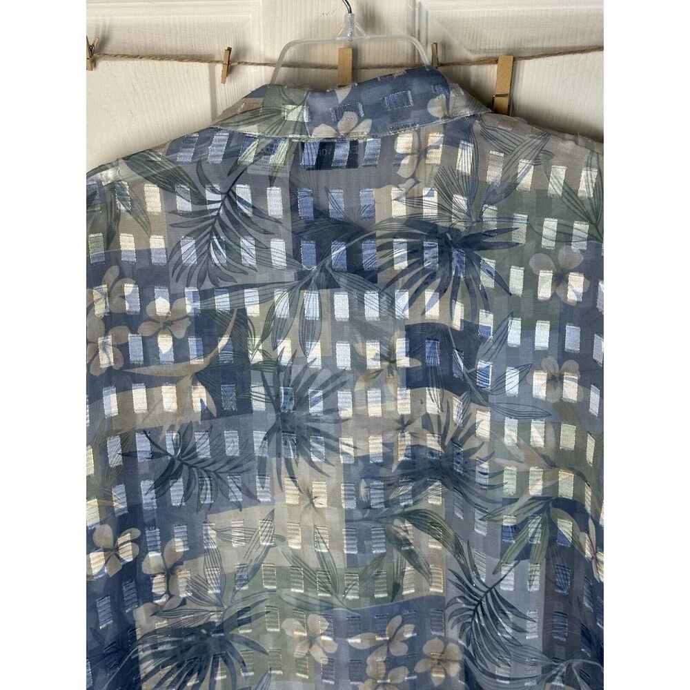 Bon Worth Sheer Big Shirt Women's XL Light Blue Floral Cool Layering Chic Casual